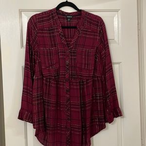 Glittery thread burgundy plaid Torrid 0 peplum long sleeve shirt